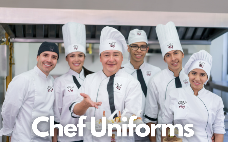 chef wearing chef hat and chef jacket with logo