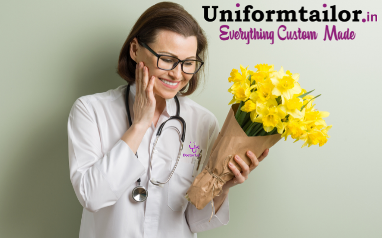 A doctor in a white doctor apron holding a bouquet