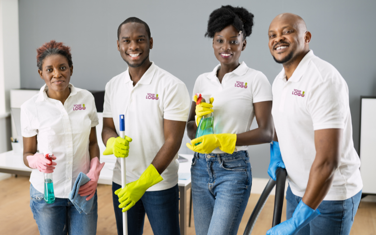 Company logo t shirts and blue jeans are worn by the cleaning staff