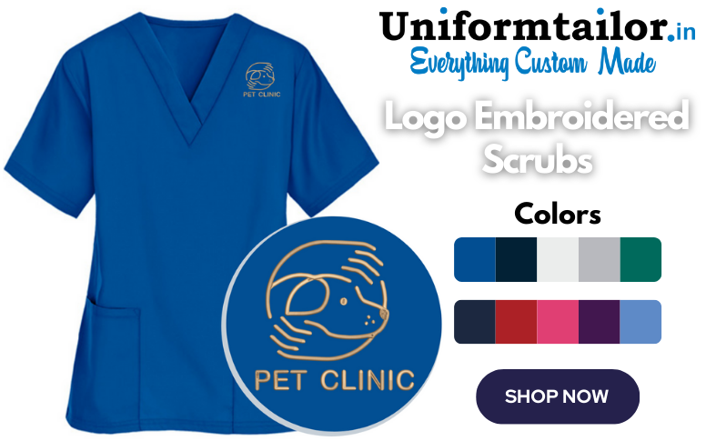 Clinic logo is embroidered on a short sleeve medical scrub top