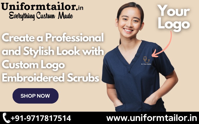 A medical scrub top with logo embroidery is worn by a girl with her hands in the pockets.