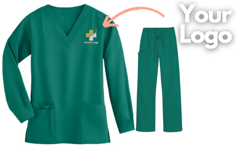 A full-sleeve scrub top and pant set with an embroidered doctor logo