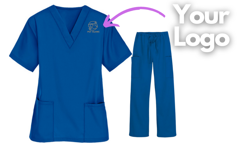 short sleeve medical scrub set of scrub top and pant with embroidered clinic logo
